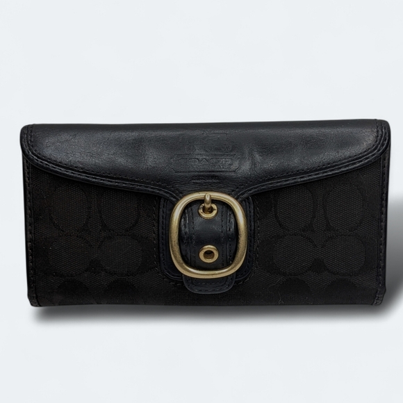 Coach Handbags - Vintage Coach Bleecker Black Signature Jacquard Canvas & Leather Buckle Wallet